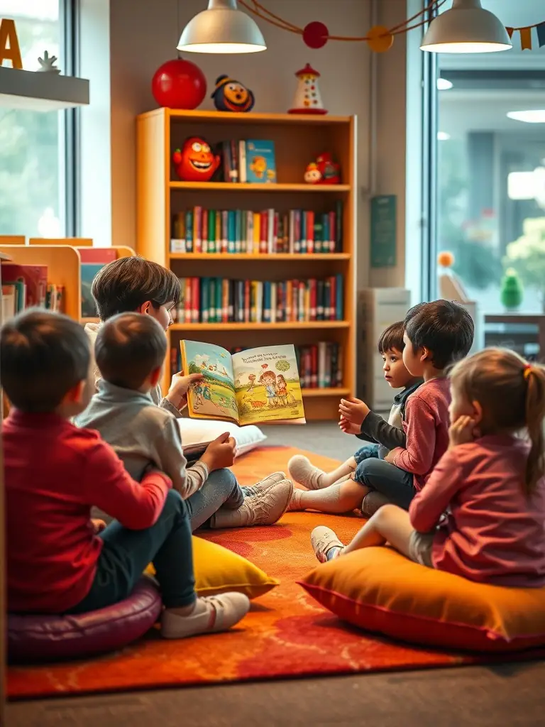 A group of children participating in a storytelling session at L'HEUR DE LIRE, with a librarian reading aloud from a colorful picture book.