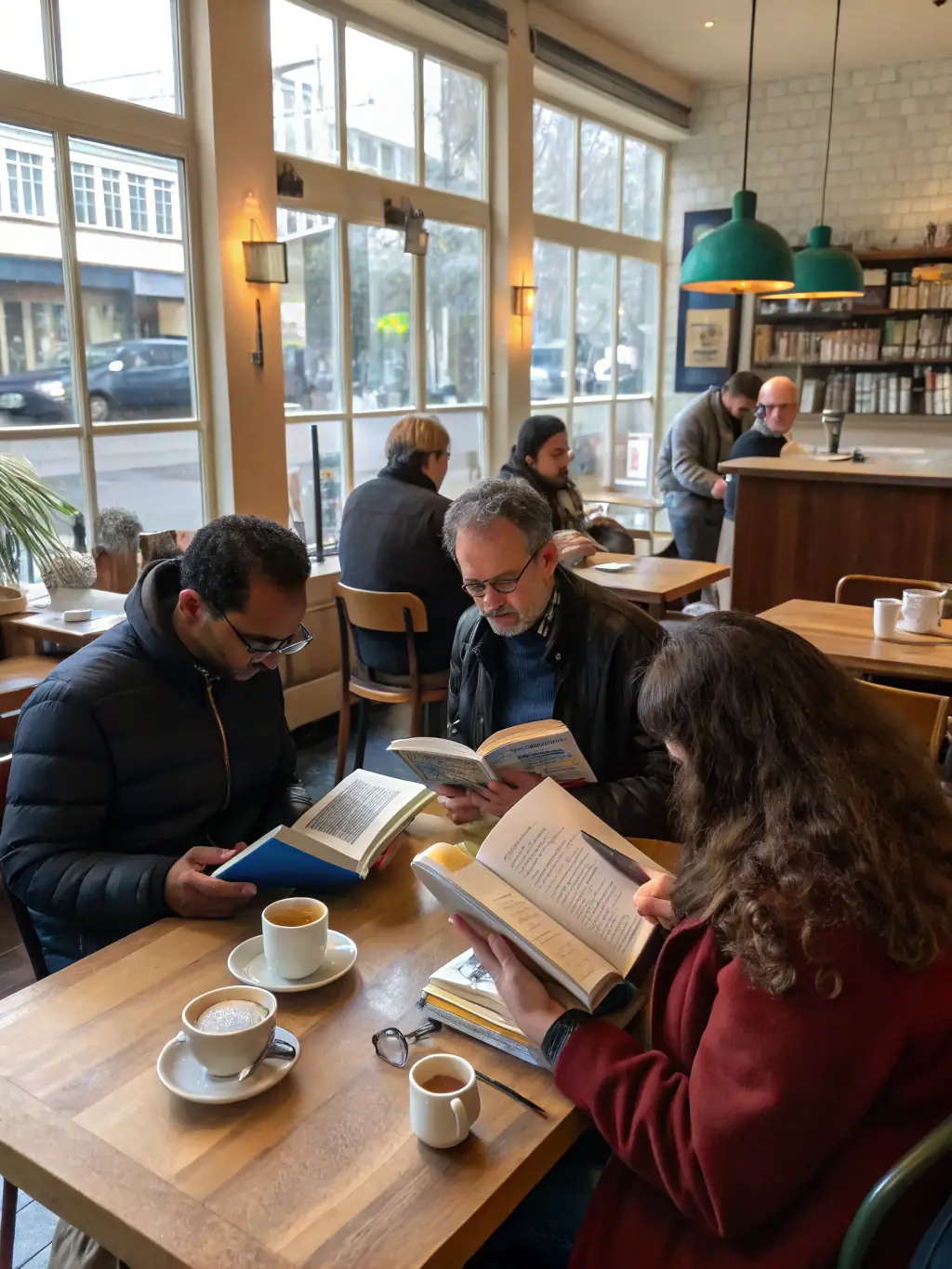 A cozy image of a book club meeting at L'HEUR DE LIRE, showcasing adults discussing literature with coffee cups and open books.