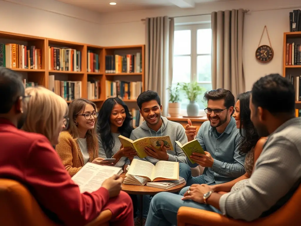 A photograph of adults engaged in a lively book discussion at L'HEUR DE LIRE, with books and refreshments on the table.