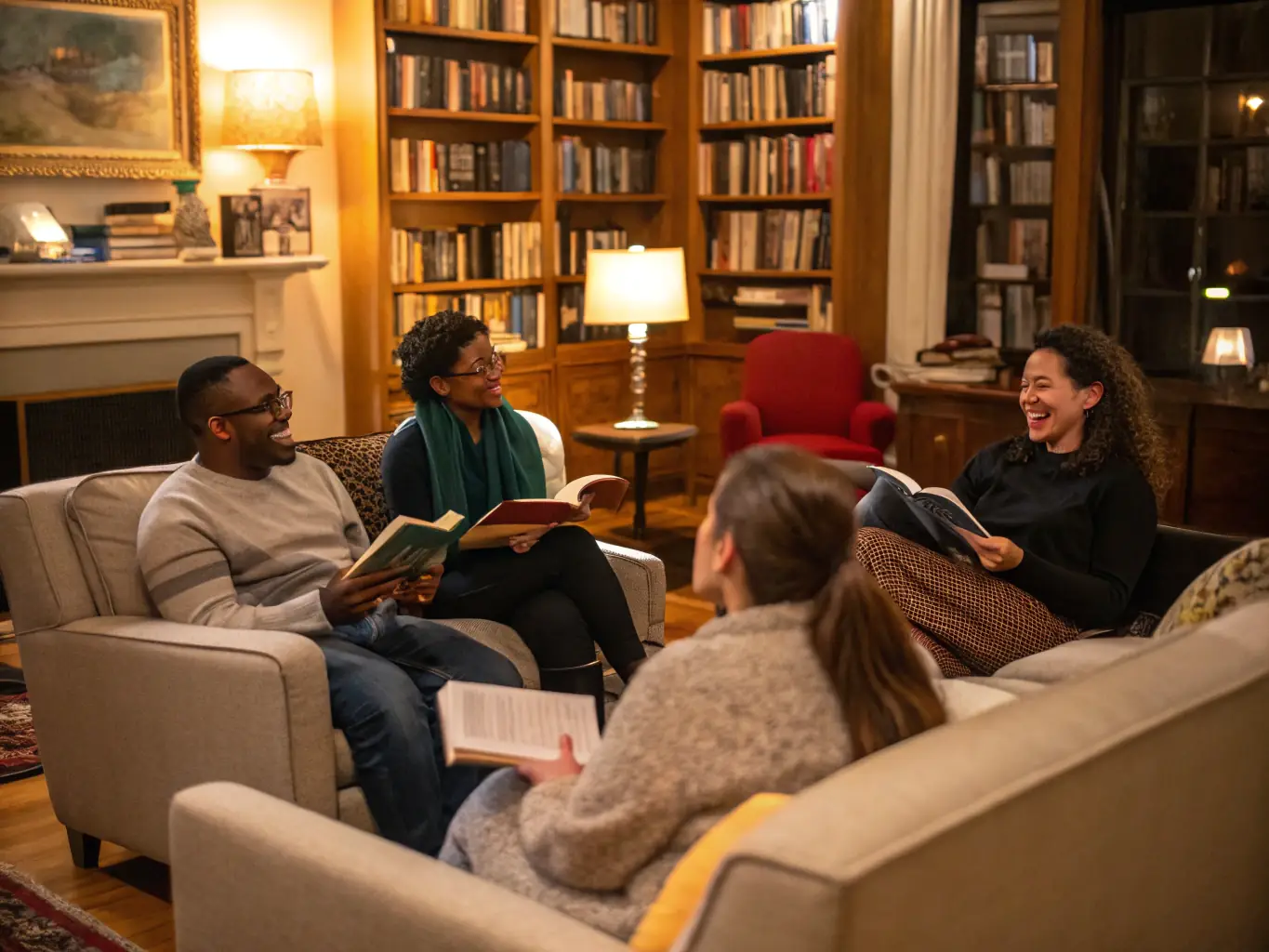 A photograph of a book club meeting at L'HEUR DE LIRE, with members engaged in a lively discussion about their latest read, emphasizing the library's role in fostering intellectual exchange.