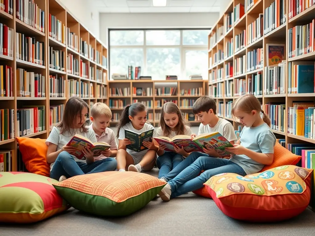 A vibrant image of children participating in a storytelling session at L'HEUR DE LIRE, with a librarian reading aloud from a colorful picture book.