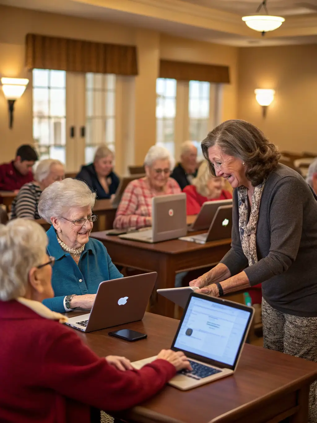 Seniors learning how to use tablets and computers during a digital literacy class at L'HEUR DE LIRE, guided by patient instructors.