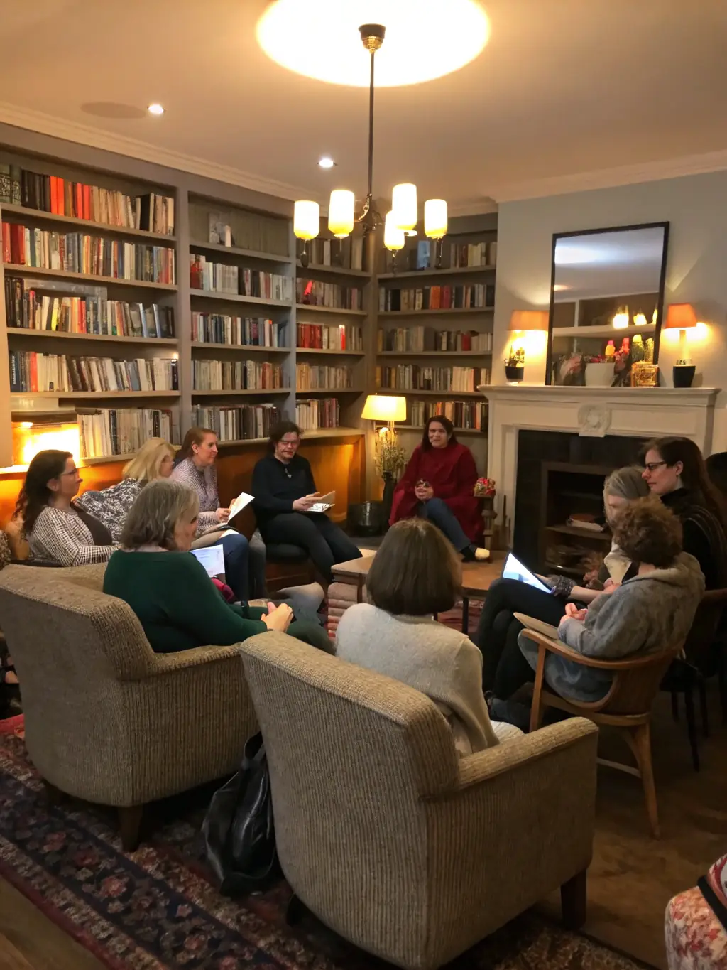 A diverse group of adults participating in a book club discussion at L'HEUR DE LIRE, sharing their thoughts and interpretations of the selected novel.