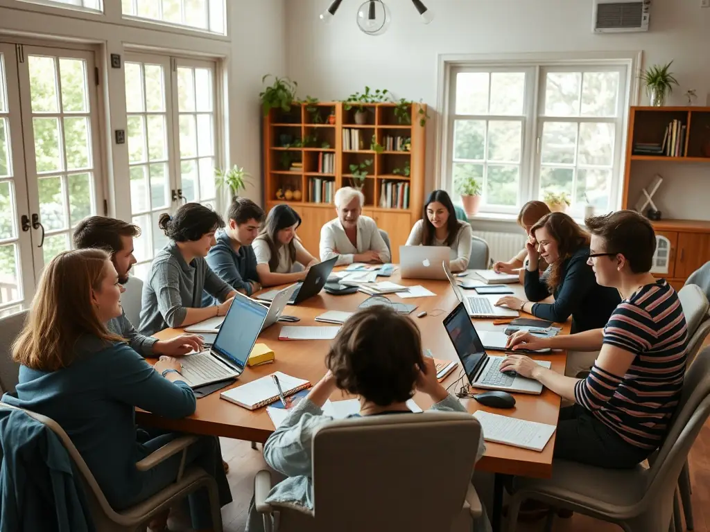 A dynamic image of participants in a creative writing workshop at L'HEUR DE LIRE, with laptops and notebooks spread across the tables.