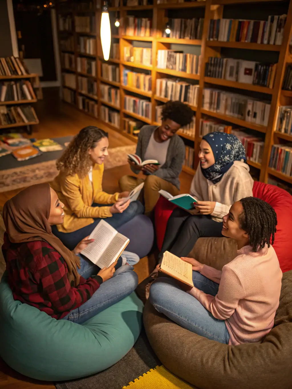 Adults engaged in a lively discussion during a book club meeting at L'HEUR DE LIRE, sharing their thoughts and interpretations of the selected book.