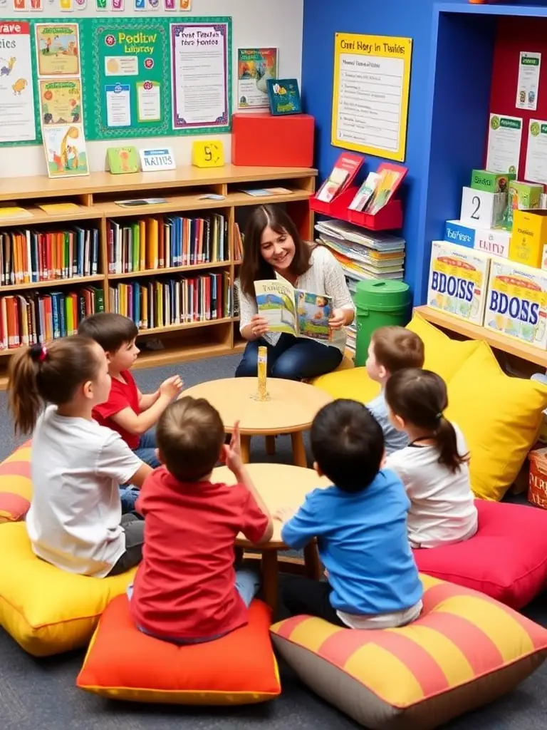 A group of children sitting in a circle, listening attentively to a librarian reading a storybook during a storytelling session at L'HEUR DE LIRE.