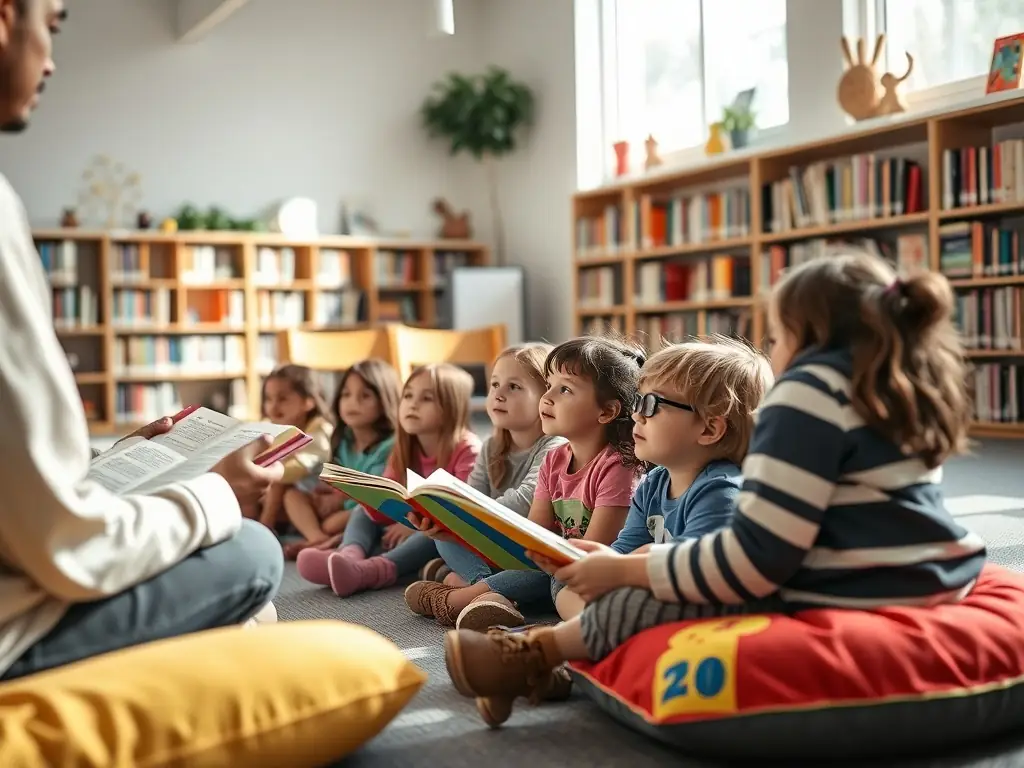 A vibrant image of a children's story time event at L'HEUR DE LIRE, with kids gathered around a storyteller, showcasing the library's commitment to early literacy.