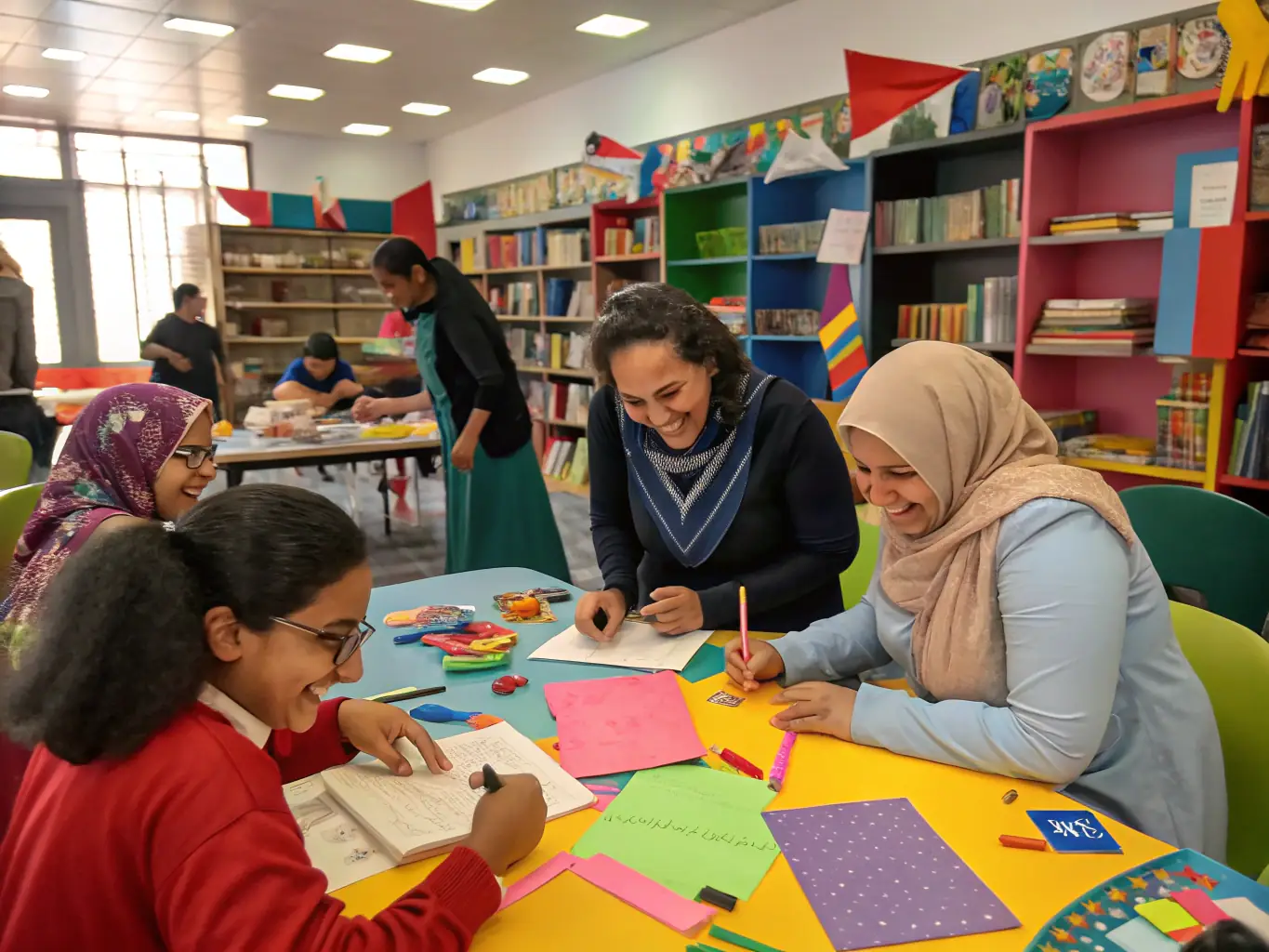 A dynamic image of a workshop at L'HEUR DE LIRE, with participants actively involved in a hands-on activity, highlighting the library's dedication to lifelong learning.
